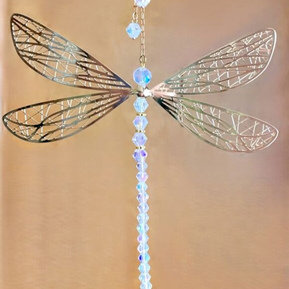 Gorgeous Dragonfly Suncatcher Window Hanging Gold Wings AB Clear Crystal Body - Picture 2 of 5
